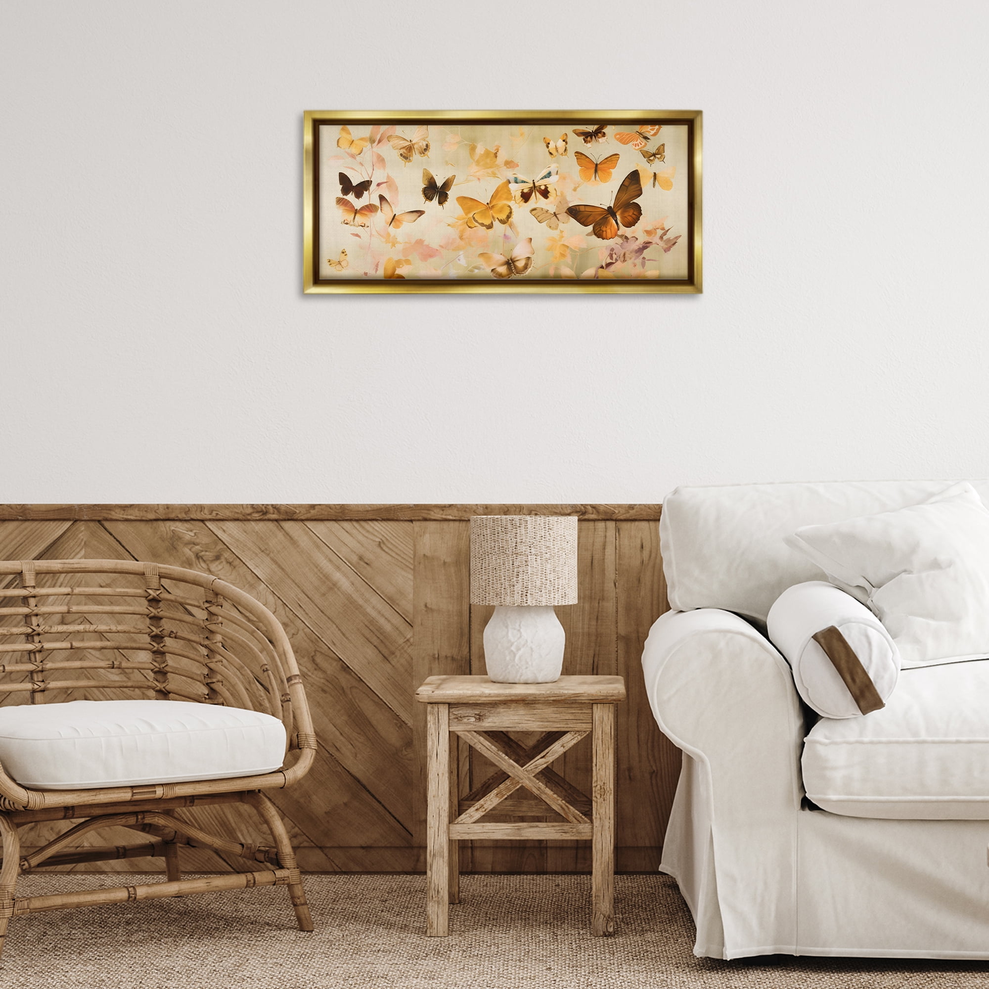 Stupell Industries Neutral Butterfly Array Animals & Insects Painting Gold Floater Framed Canvas Art Print Wall Art, 25 x 11