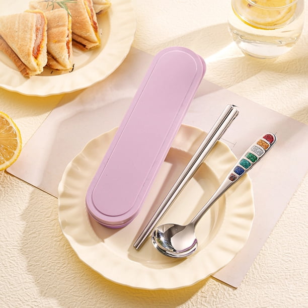 Juego de cubiertos portátil de acero inoxidable con caja de almacenamiento | Cuchara, tenedor y palillos para acampar, oficina y escuela | Utensilios de viaje reutilizables
