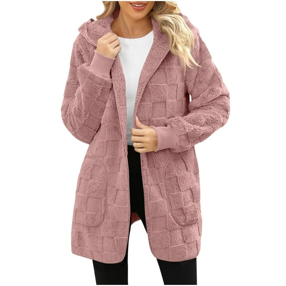 Womens Fleece Coat Plaid Textured Winter Warm Casual Hooded Jacket Plus Size Solid Long Sleeve Fuzzy Outerwear (XL, Pink)