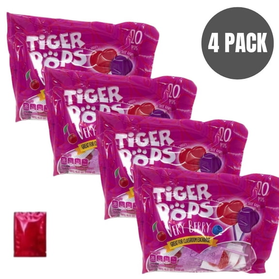 Tiger Pops Very Berry Assorted Fruit Flavor Lollipops, Pack of 4, Individually Wrapped Candy for Parties, Classroom Exchange, and Celebrations – Bonus LaPrima Morceau Bonbon