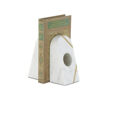DecMode 3" Curved Pyramid Geometric White Marble Bookends with Diagonal Gold Stripes (Set of 2)