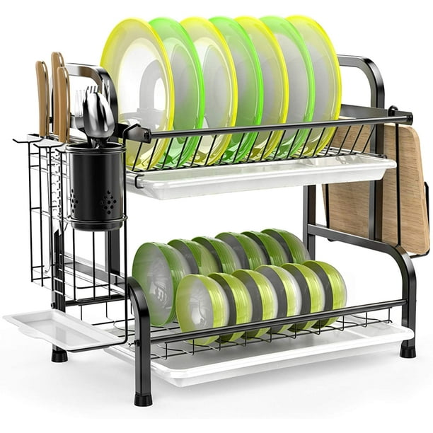 iSPECLE 2 Tier Dish Rack for Kitchen Stainless Steel Dish Drainer with  Water Tray Cutlery Holder, Black - Walmart.com