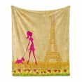 thumbnail image 1 of Teen Room Soft Flannel Fleece Throw Blanket, Pink Silhouette of a Girl with the Dog Eiffel Tower in Paris Design, Cozy Plush for Indoor and Outdoor Use, 70" x 90", Apricot and Hot Pink, by Ambesonne, 1 of 6