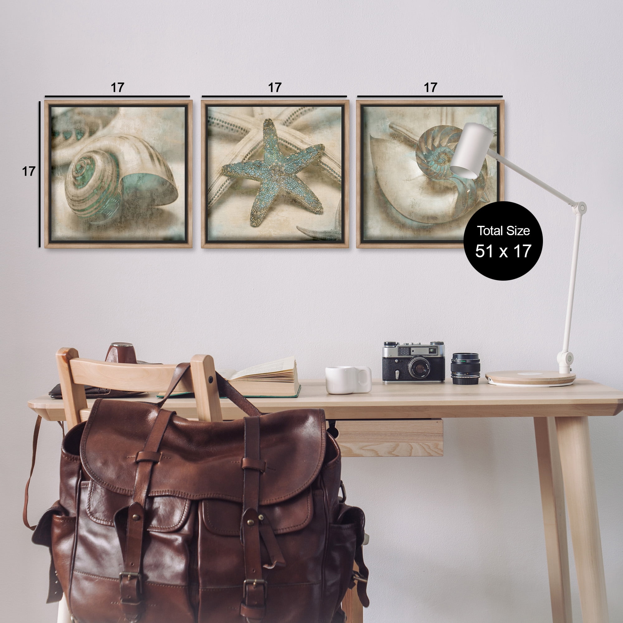 Stupell Industries Starfish & Sea Shells Distressed Nature Painting Brown Floater Framed Canvas Art Print Wall Art, 18 x 18, Set of 3