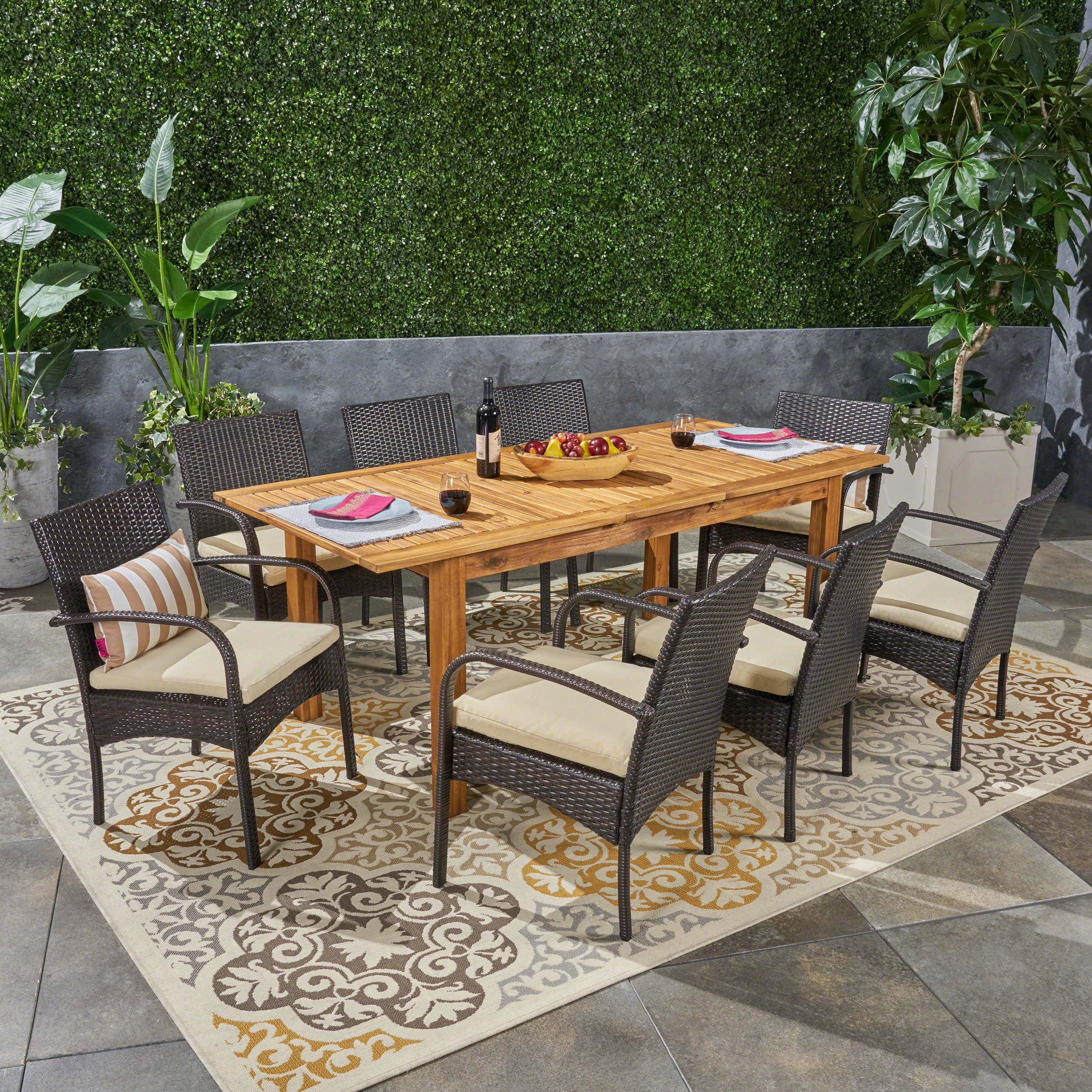 Zachary Outdoor 9 Piece Expandable Wood and Wicker Dining Set, Sandblast Natural Stained, Multi Brown, Crème