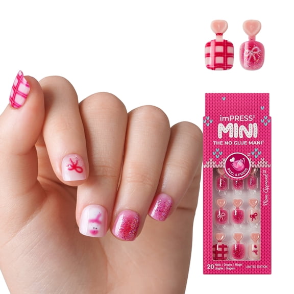 KISS imPRESS MINI Holiday Press On Nails, ‘Hahaha Ugh’, Pink, Kids Squoval, 20 Count