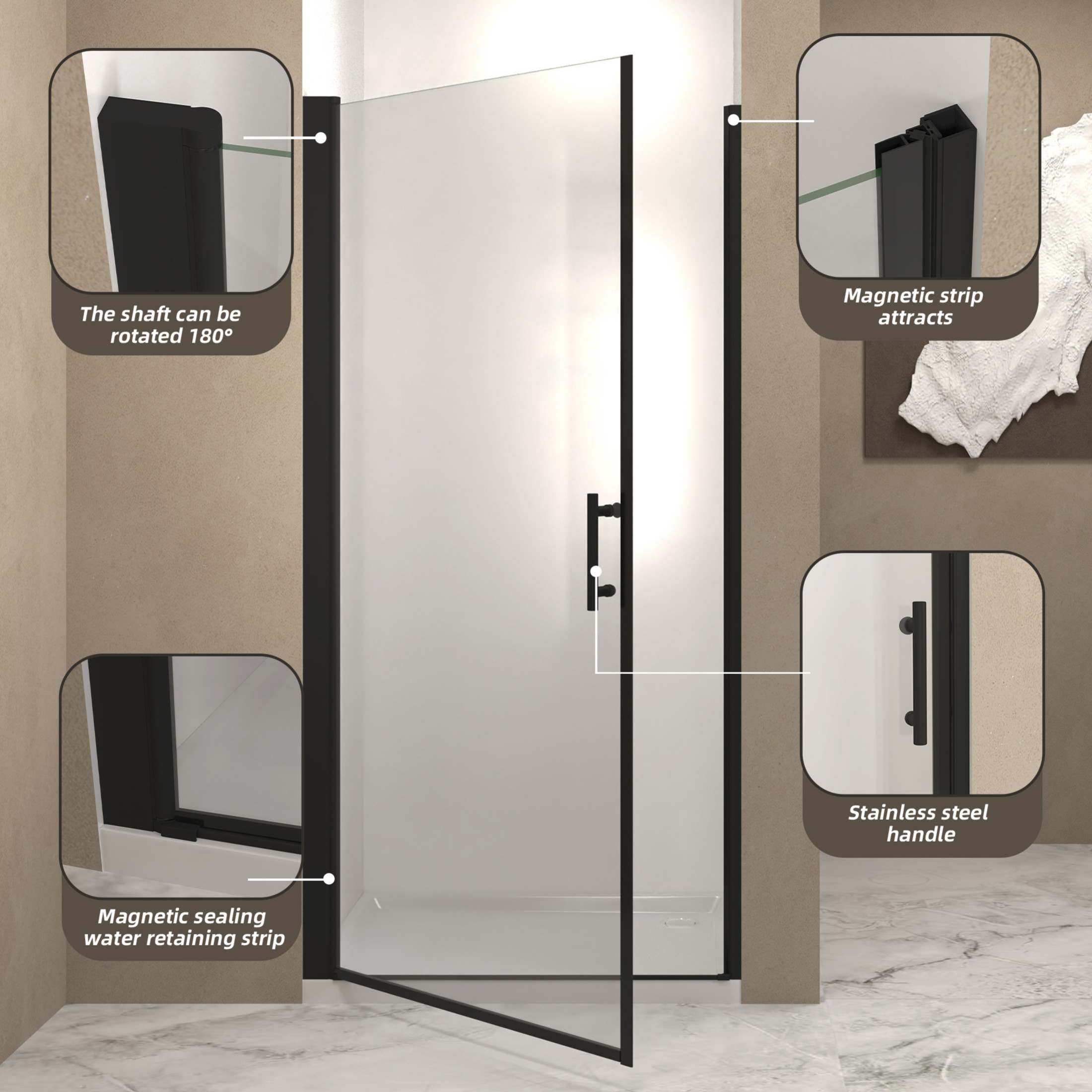 Noble House 32"x72" Pivot Shower Door, Aluminum Frame with Tempered Glass, Matte Black Finish