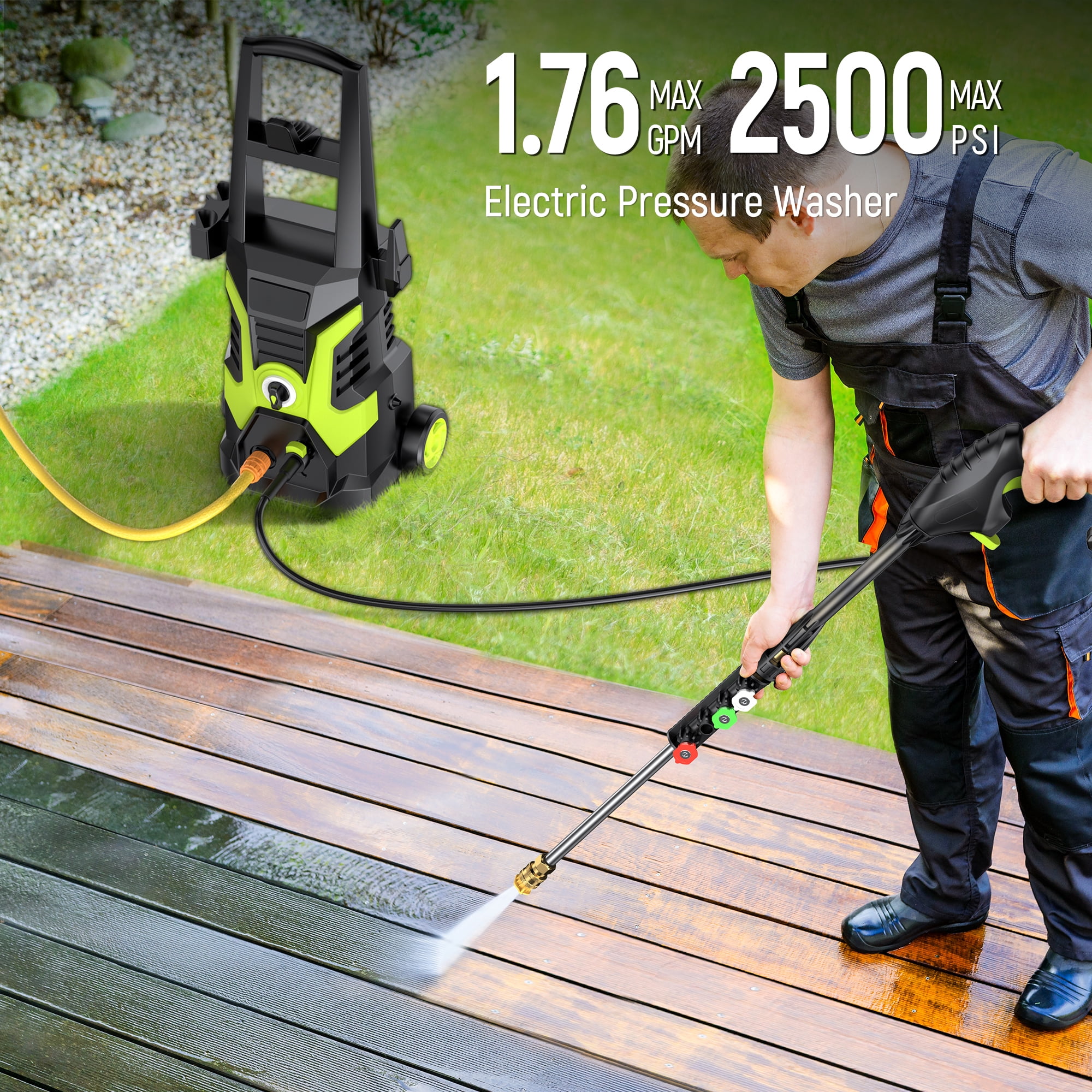 YISUFO 2500 Max PSI Electric Pressure Washer, 1700W Power Washer With 5 Nozzles, Foam Cannon, 25ft Hose, High Pressure Cleaner Wash Machine for Car Patios Garden Fences - Green