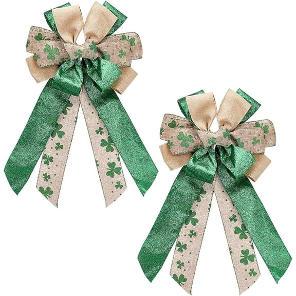 2Pcs St. Patrick's Day Wreath Bow Green Shamrock Bows Irish Holiday DIY Crafts Gift Ribbon Bow Wreath Bows Tree Topper Bows for Party Door Wall Decoration