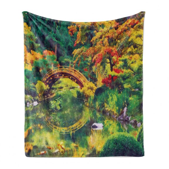 Country Soft Flannel Fleece Throw Blanket, Fairy Image of a Japanese Garden with an Old Bridge the Lake Nature Print, Cozy Plush for Indoor and Outdoor Use, 50" x 60", Green Orange, by Ambesonne
