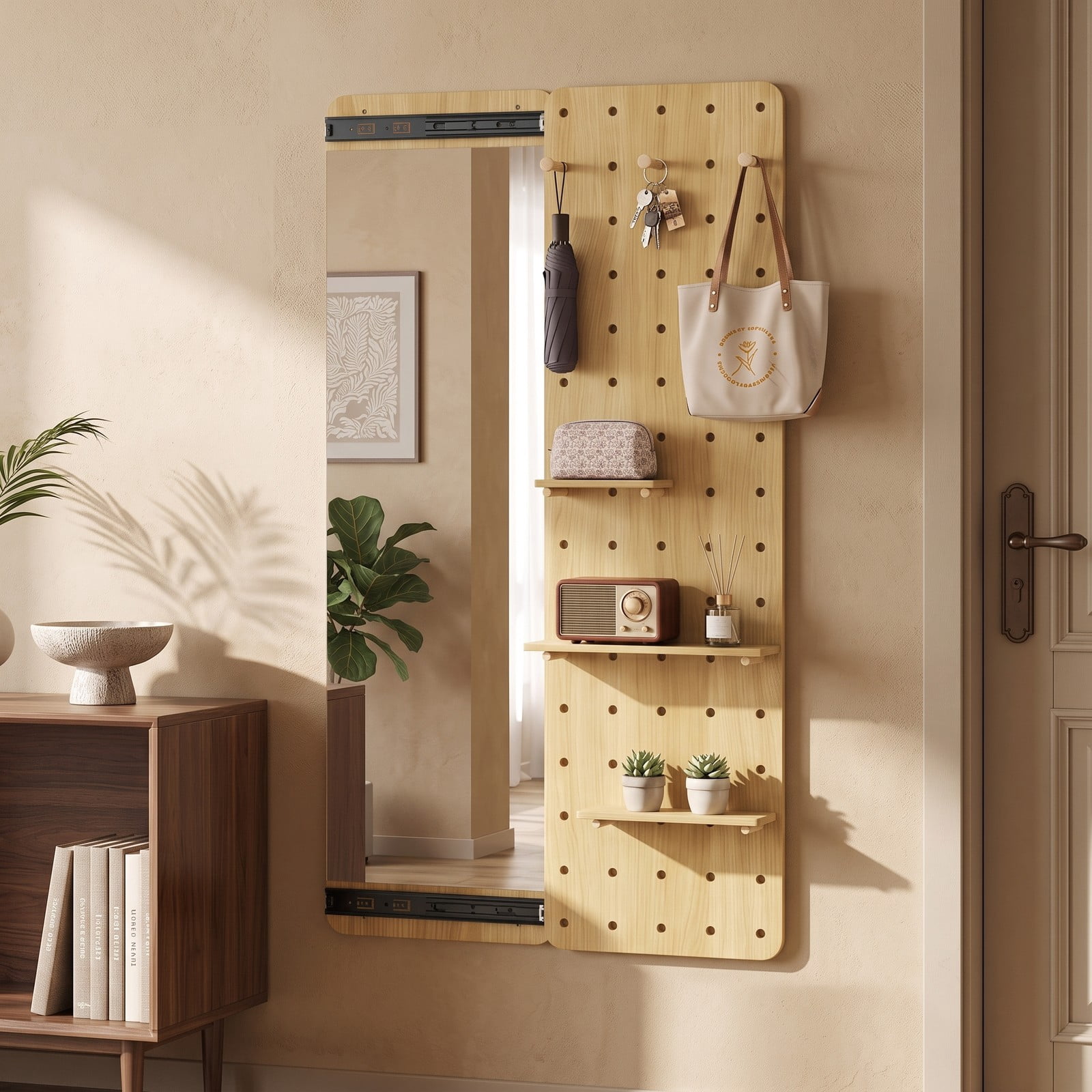 ALPULON Solid Wood Full Length Mirror with Sliding Pegboard, Shelves and 3 Hooks, Wall Mounted HD Floor Mirror for Entryway Bedroom Closet, Natural