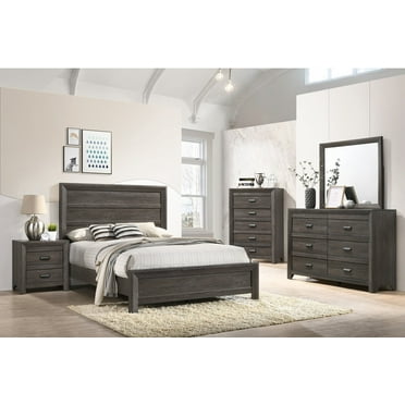 6pc King Size Contemporary Style Master Bedroom Set Brown Rustic Finish Bed Dresser Mirror Nightstand