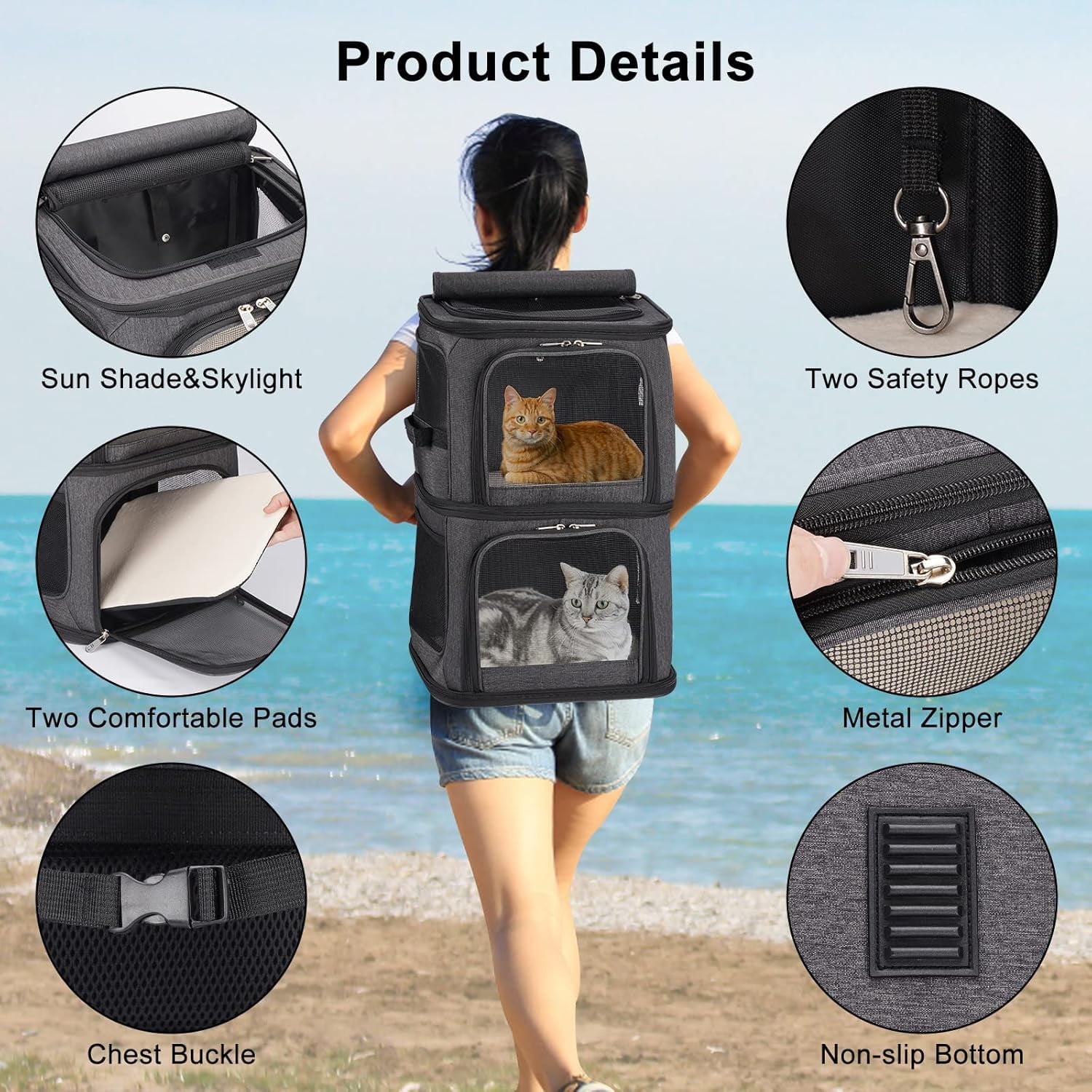 bathprove  2-in-1 Double Pet Carrier Backpack for Small Cats and Dogs, Portable Pet Travel Carrier, Super Ventilated Design, Ideal for Traveling/Hiking/Camping, Black
