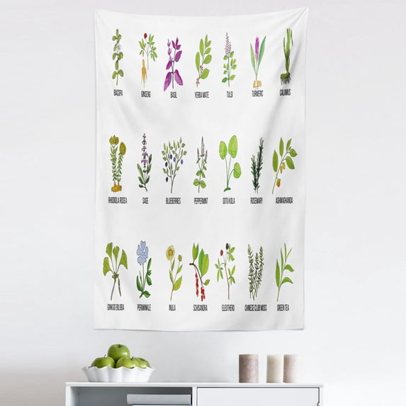 Periwinkle Tapestry, Herbs for Memory Focus and Brain Work Plant Design, Fabric Wall Hanging Decor for Bedroom Living Room Dorm, 5 Sizes, Lime Green Multicolor, by Ambesonne
