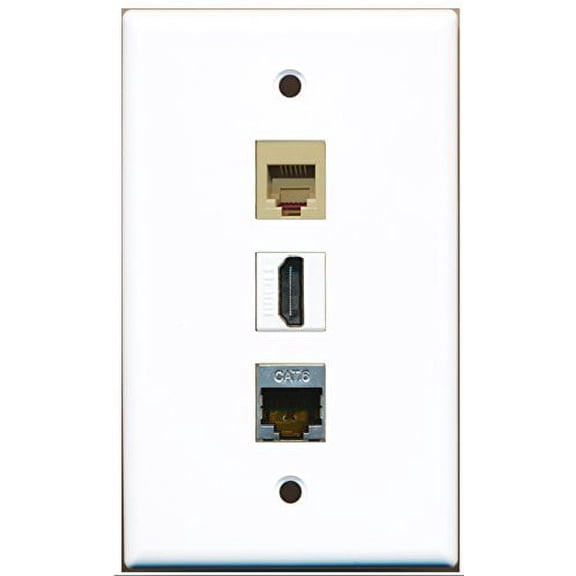 RiteAV - 1 Port HDMI and 1 Port Phone RJ11 RJ12 Beige and 1 Port Shielded Cat6 Ethernet Wall Plate