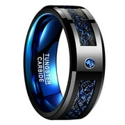 8mm Men's Black Blue Tungsten Rings Wedding Band with Celtic Dragon and Cubic Zirconia Inlay