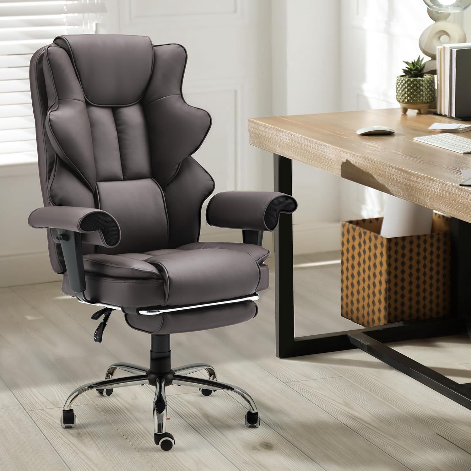 Homrest 6-Point Massage Executive Office Chair for Adults, Heated Ergonomic Home Desk Chair with Adjustable Footrest, Armrests & Backrest (Brown)