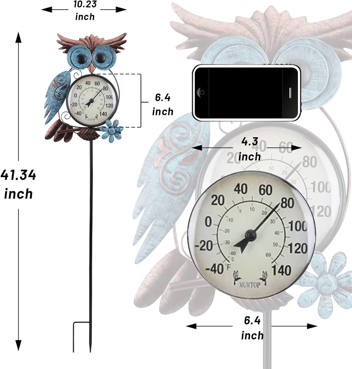 MUMTOP Wall Hanging Thermometer Stake, 42 Inch Metal Owl Garden Stake Outside Wall Thermometer for Patio, Yard and Garden,Weather Resistant