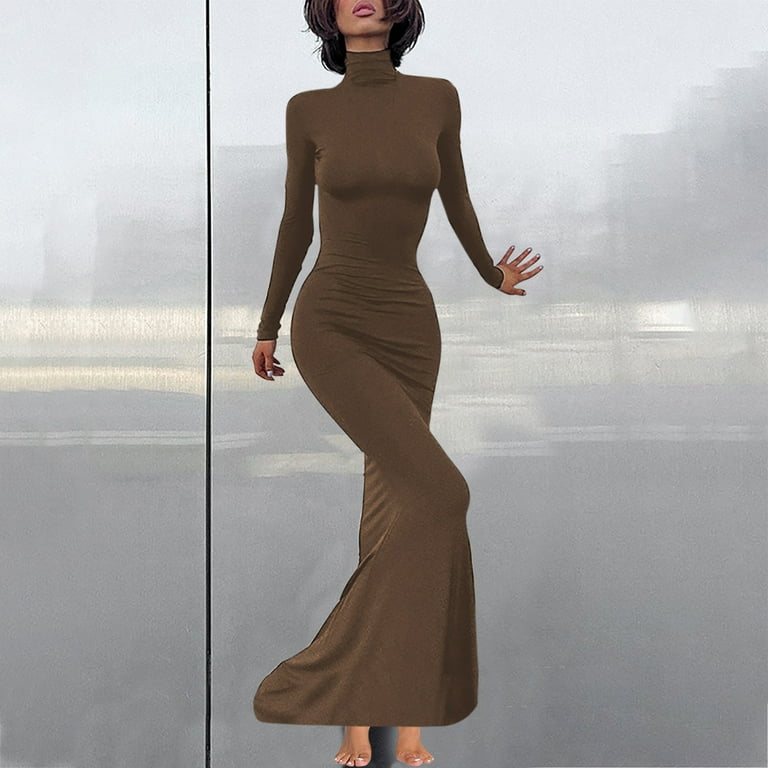 HAPIMO Women's Maxi Bodycon Basic Dress Solid Color High Neck Elegant Casual Trendy Spring Long Sleeve Brown S - Walmart.com HAPIMO Women's Maxi Bodycon Basic Dress Solid Color High Neck Elegant Casual Trendy Spring Long Sleeve Brown S - Walmart.com