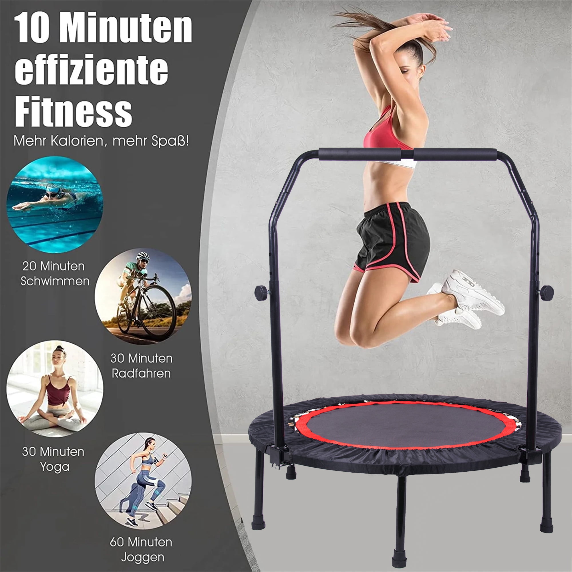 Aukfa Mini Trampoline with Adjustable Handrail, 40" Foldable Fitness Rebounder with Safety Pad for Indoor Outdoor