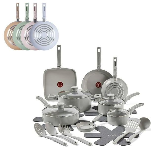 T-Fal Bateria de Cocina Refresh de Cerámica, con Sartenes y Ollas antiadherentes, 20 piezas, sin PFOA y PTFE, Apto para horno, Color Gris, C486SK64
