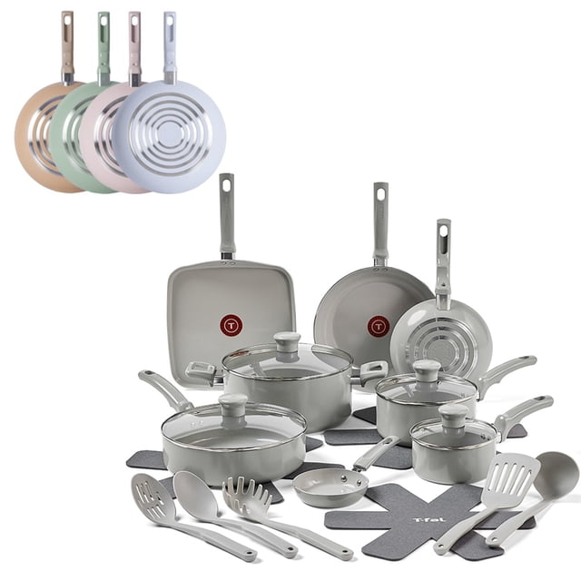 T-Fal Bateria de Cocina Refresh de Cerámica, con Sartenes y Ollas antiadherentes, 20 piezas, sin PFOA y PTFE, Apto para horno, Color Gris, C486SK64