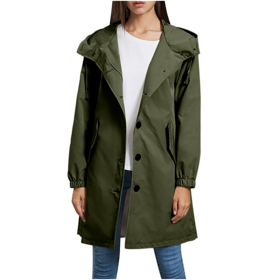 Casual Loose Outerwear with Pockets New Women's Long Rain Jacket Waterproof Raincoat Lightweight Hooded Windbreaker Outdoor Long Button Down Outerwear Active Hiking Rain Coat Greeny M