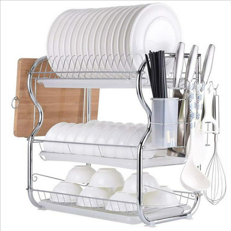 Dish Drying Rack, 2-Tier Dish Rack With Drainboard Stable Footpad, Utensil  Holder, Cup Holder, Dish Drainer For Kitchen Counter Top Rust-Proof
