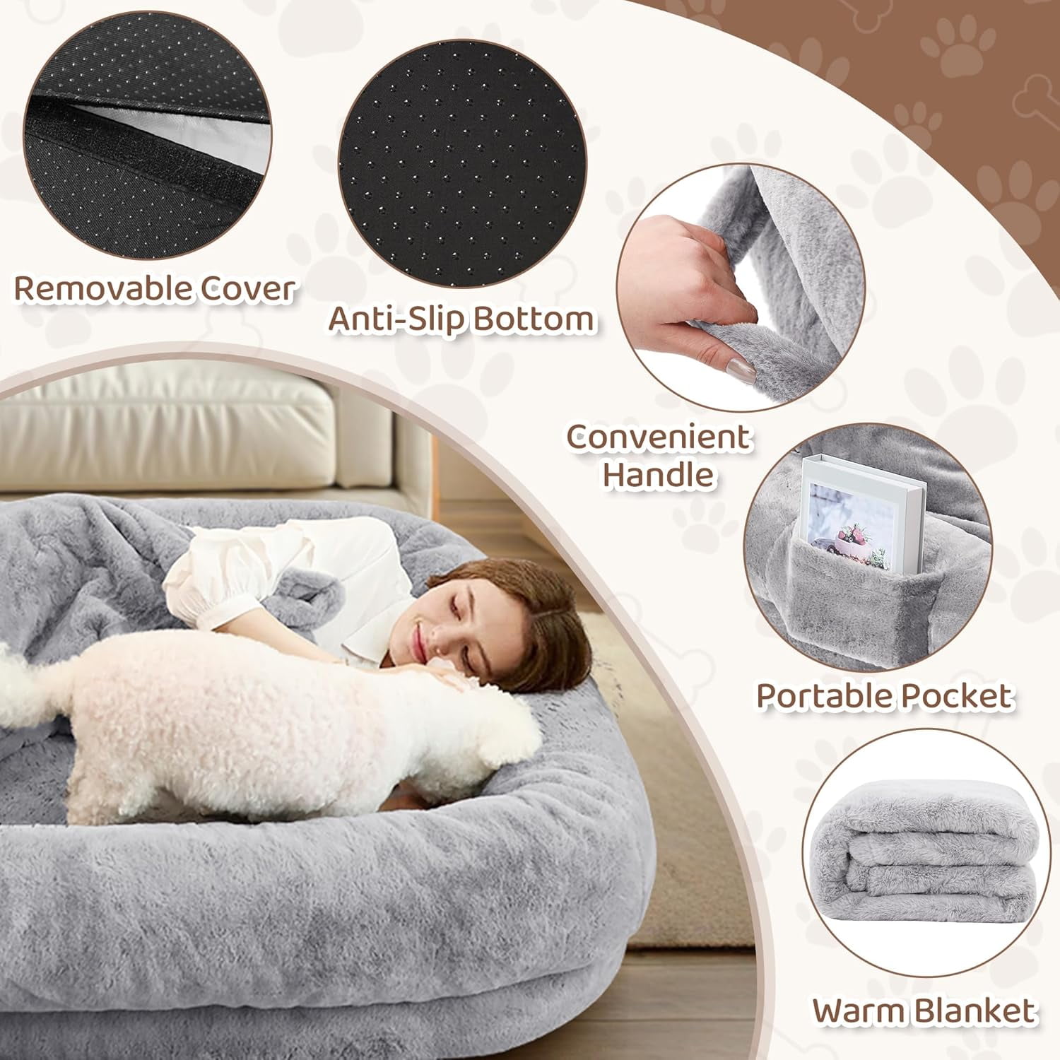 Large Human Dog Bed for Adults, 71"x43"x10" Cozy Human Sized Pet Bed, Orthopedic & Washable Cover, Non-Slip Comfortable Lounger for People and Pets, Light Grey