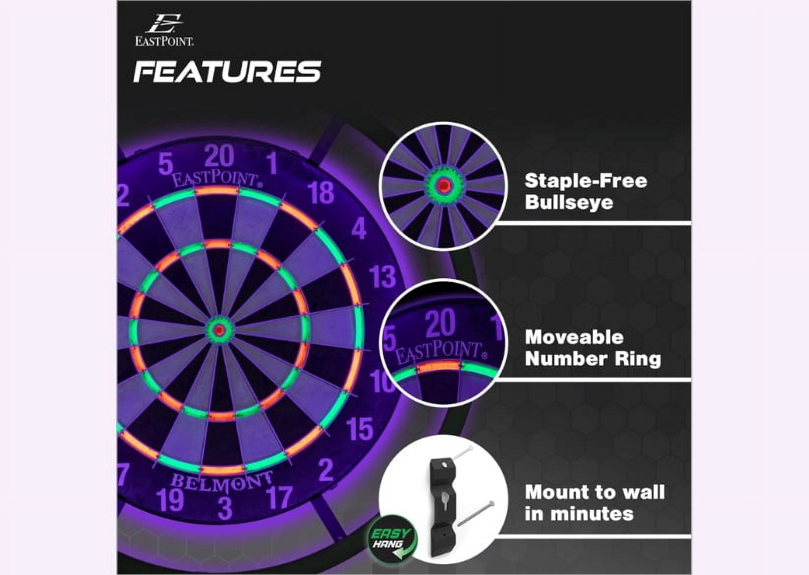 EastPoint Sports EastPoint Blacklight Dartboard - Official Size Bristle Dartboard with Glowing Segments and Dart Flights