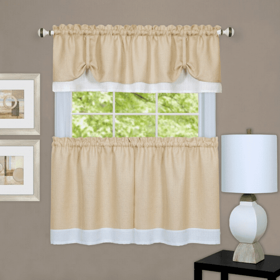 Shabby Farmhouse Flax Linen Kitchen Curtain Tier & Valance Set - Taupe, 24 in. Long