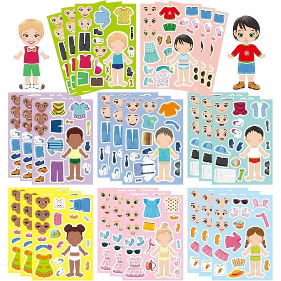24 Sheets Make a Face and Dress up Stickers for Kids, DIY Create Your Own Stickers Kit, Preschool Crafts, Party Favors, Birthday Gifts for Toddlers, Girls, Boys
