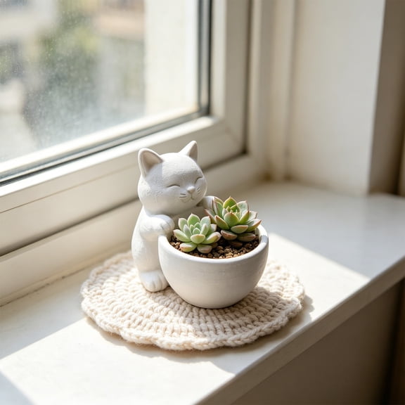 MMJ Plants Planter Cat Hugging Bowl Cute Flower Pot with Drainage Hole for Desk Indoor Plant 3.5x2.4x2.8in
