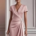 thumbnail image 2 of Morttic Women's Elegant Short Sleeve Dress – V-Neck Pleated Detail, Asymmetrical Hem, Solid Color Evening Party Gown Pink，XXL, 2 of 4