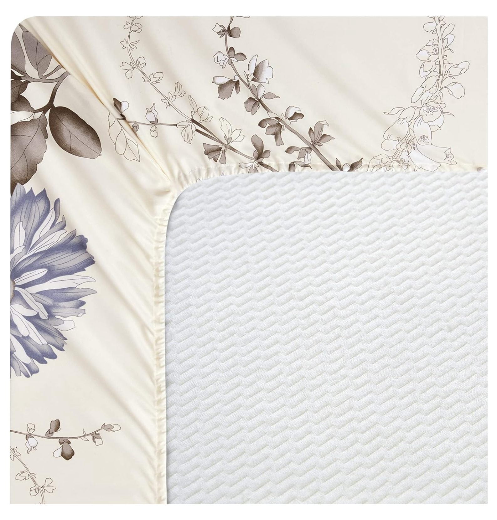 Ultra Soft Silky Deep Pocket Rich Printed Bedding Rayon Derived from Bamboo All Season 6 Pieces Sheet Set with 4 Pillowcases, Blue Chrysanthemum Floral Pattern Queen Size