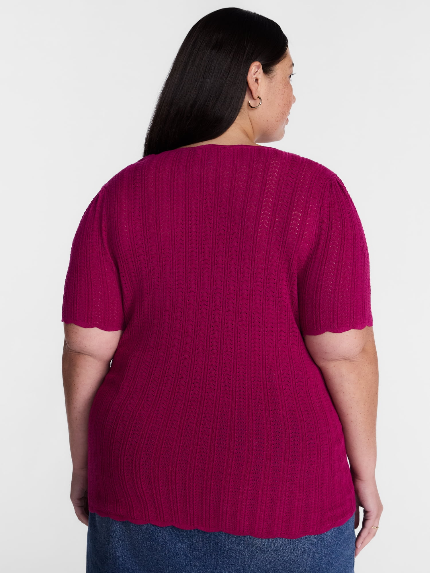 Terra & Sky Women's Plus Pointelle Sweater Top with Short Sleeves, Midweight, Sizes 0X-5X