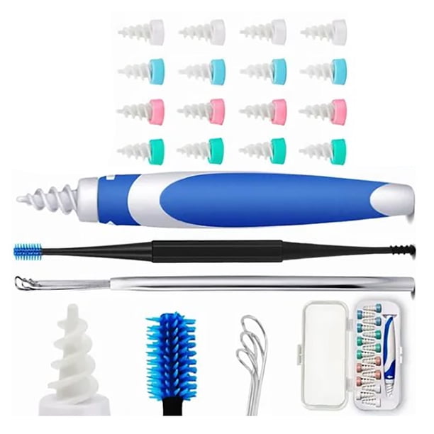 Removedor de cera de oídos en espiral, kit profesional de eliminación de cera de oídos suave y flexible con 16 puntas de repuesto para niños y adultos, color azul