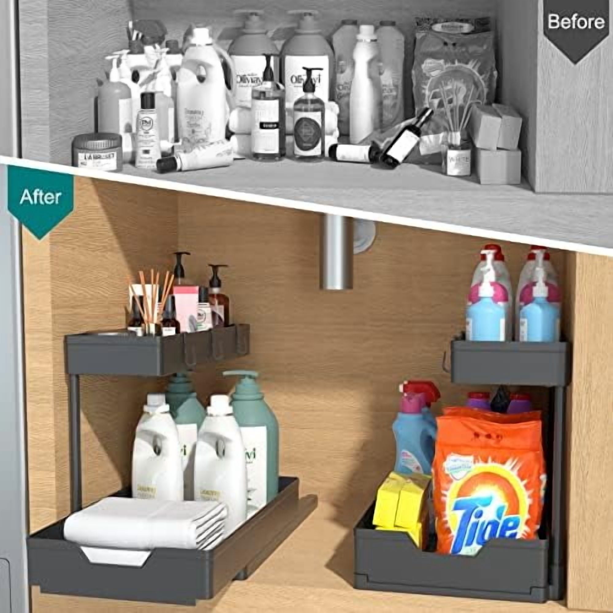 2 Pack Under Sink Organizer 2 Tier Sliding Cabinet Organizers Multi-Purpose Sink Storage Basket L-Shape Narrow Space Storage Shelves with 4 Hook for Kitchen Bathroom Drawer, Black