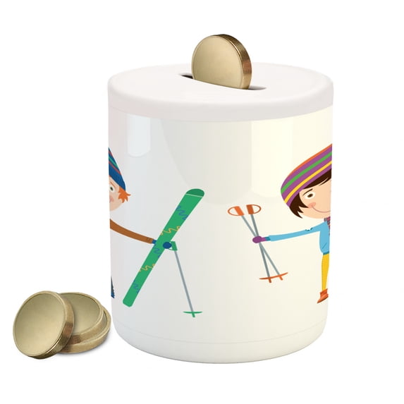 Sports Piggy Bank, Funny Siblings Girl and Boy with Skis Winter Fun Hobby Activity Print, Ceramic Coin Bank Money Box for Cash Saving, 3.6" X 3.2", Multicolor, by Ambesonne