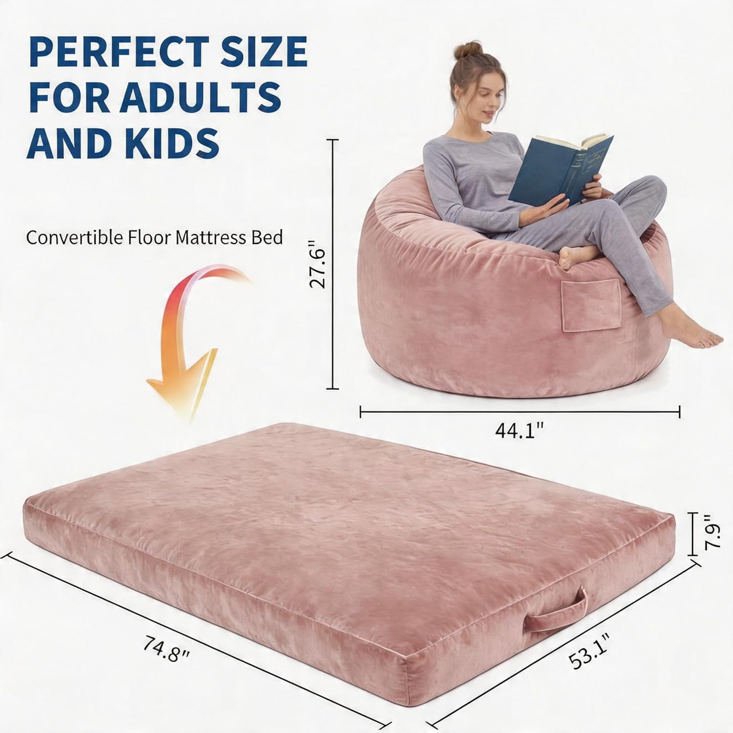 4 in 1 Convertible Bean Bag Chair Bed for Adults 4ft Large Beanbag Chair with High Memory Foam Filler and Removable Cover, Oversized Comfy Flannel Bean Bag Couch Bed Lazy Sofa for Adults Teen