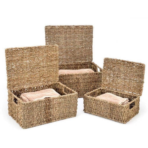 JVL Set of 3 Natural Tapered Seagrass Storage Baskets with Handles 