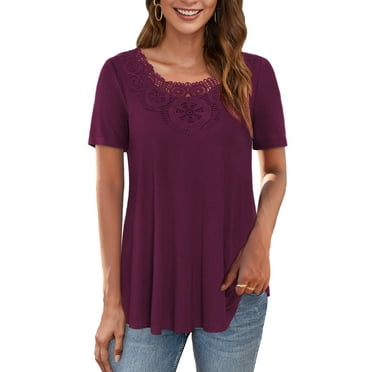 Traleubie Women's Short Sleeve Tunic Tops Lace Crochet Trim Pleated Tops Shirts of Female m-4x