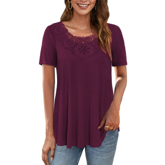 Traleubie Women's Short Sleeve Tunic Tops Lace Crochet Trim Pleated Tops Shirts of Female m-4x
