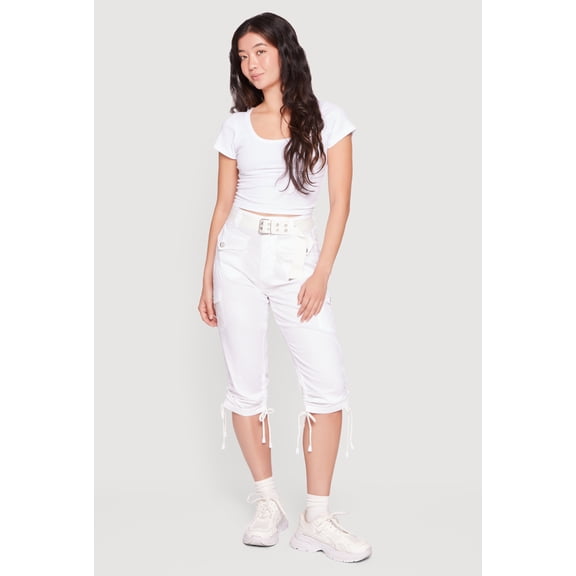 Women's Belted Capri Cargo Pants with Ruched Drawstring Hem