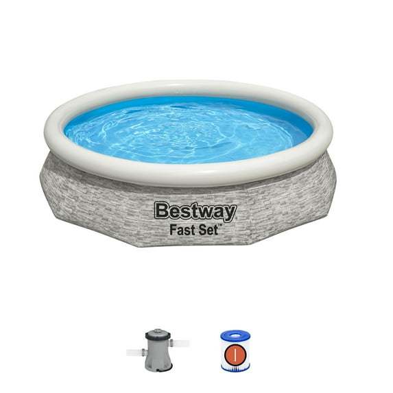 Open Box Bestway Fast Set 10'x26" Stacked Stone Inflatable Pool Outdoor Set