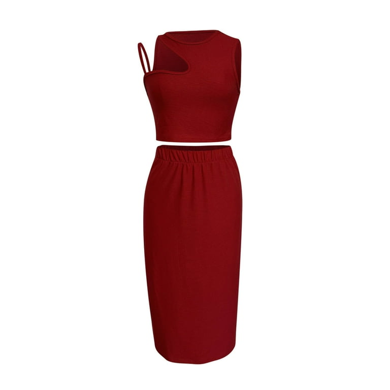REORIAFEE 2 Piece Sets for Women Dressy 90s Themed Party Outfits Women s Summer Two Piece Set Tank Tops High Waist Dress Casual Set Skirt Set Wine XL