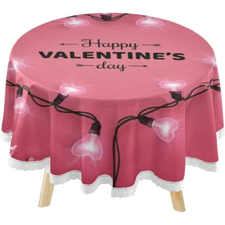 SKYSONIC Happy Valentine's Day Round Tablecloth 60inch Indoor Wrinkle Free, Red Heart Circular Lace Table Cover Washable for Kitchen Dining Decor