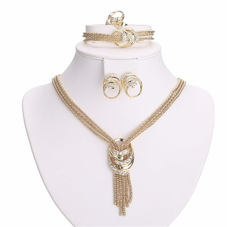 Gold Plated Necklace Crystal Big Flower Luxury Jewelry Set Necklace Earrings Bracelet Ring