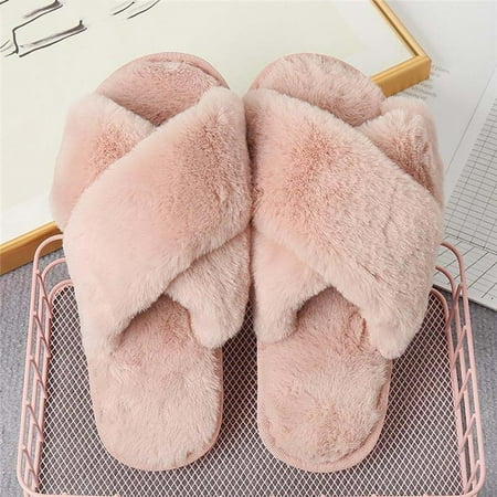 

Slippers Women 2022 New Design Women Fluffy Fur Home Winter House Slipper Furry Cross Slides Flat Floor Shoes Ladies Flip Flops