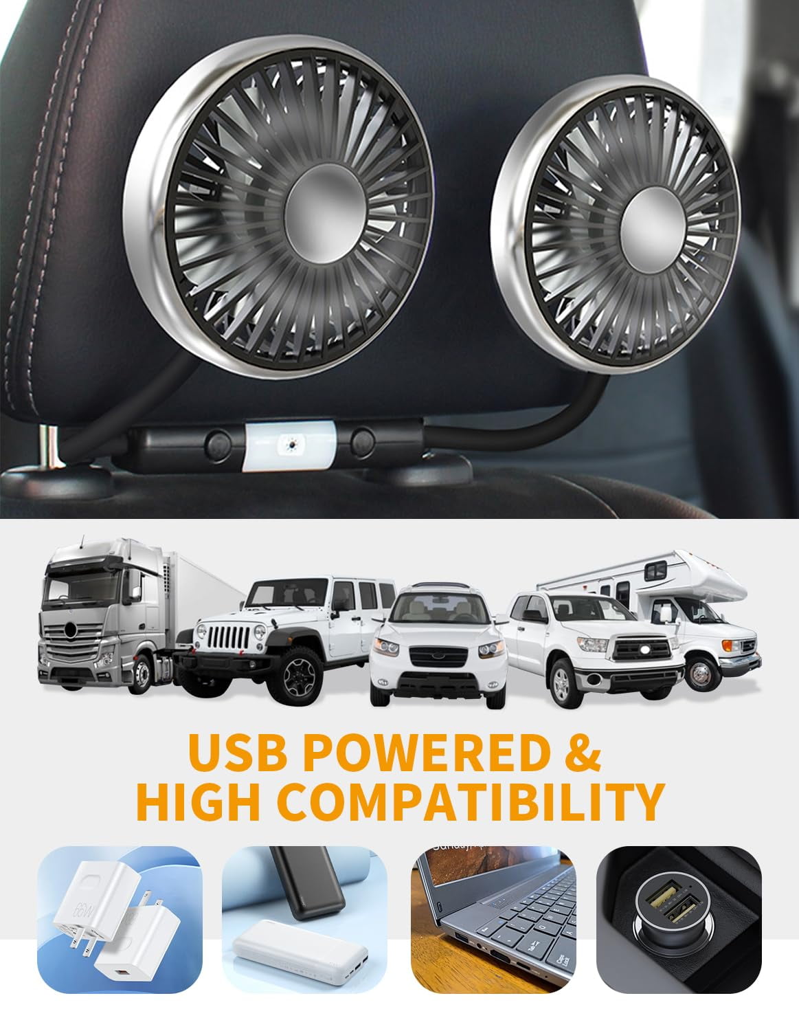 Dual Head Car Fan with Lights, USB Car Rear Seat Ventilation Fan, 3 Speeds and 360 Degree Rotatable Cooling Car Fans for Vehicles RV SUV Truck